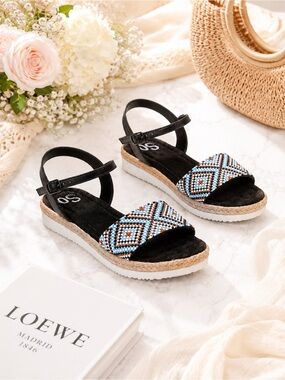 SO Beaded Platform Sandals Black Boho Espadrille Ankle Strap Size 10